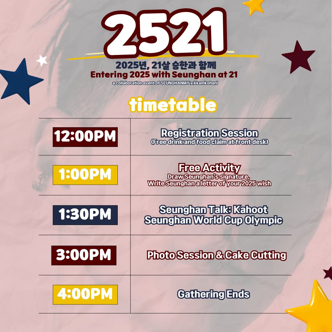 2521: Entering 2025 with Seunghan at 21
#2025withSeunghan

First gathering of HongJjanggus in Malaysia by @SEUNGHANMY x @kkamkohani

Date: 28th December 2024 
Time: 12PM - 4PM 
Venue: NOTES BY YGM, Level 6, DADI Cinema, Pavilion KL (Elite)

RSVP form: forms.gle/coh4VrifN49RAs…