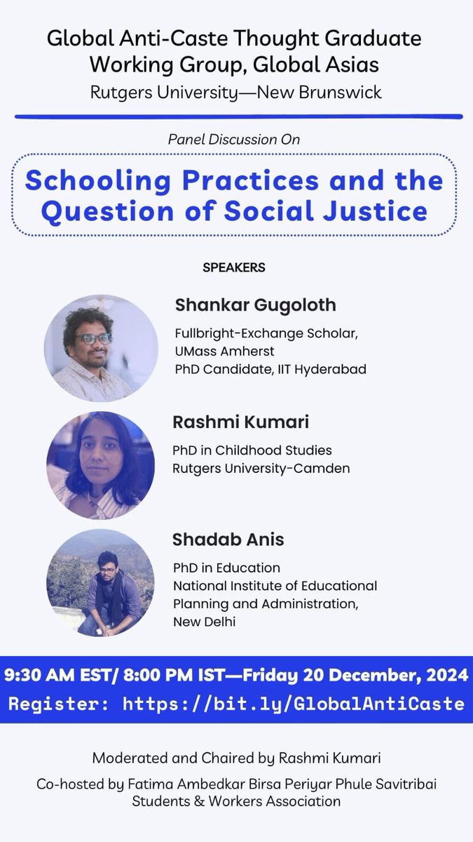 Rutgers global anti-caste working group is organising this exciting and important panel. It is happening on December 20.  To attend please register at 
bit.ly/GlobalAntiCaste.