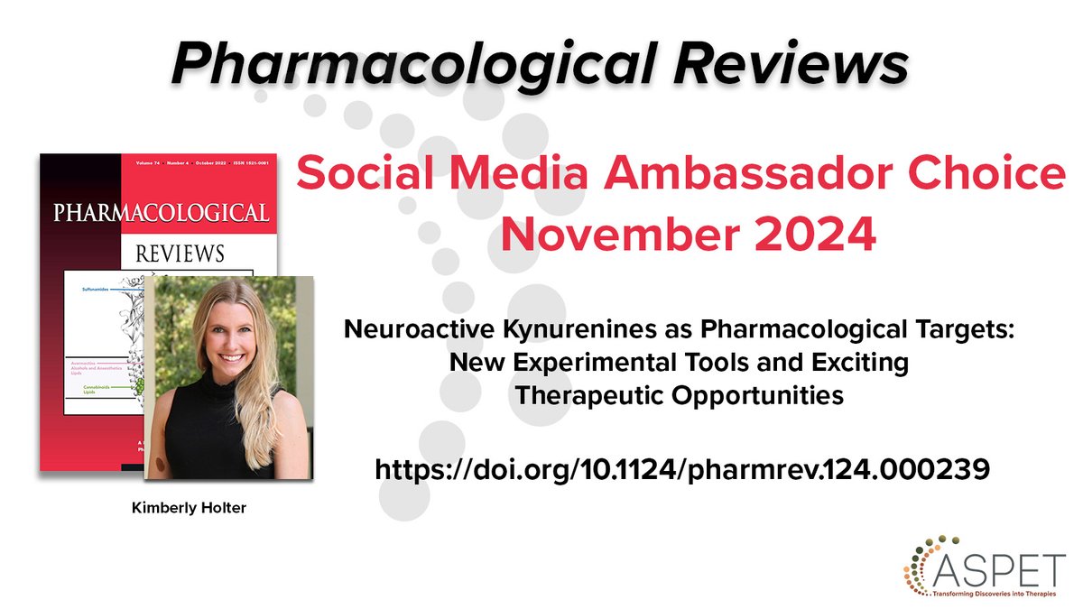 ASPET's tweet photo. R. Schwarcz, @ErhardtSophie and @Dr_Ana_P detail the involvement of neuroactive kynurenines in neurological & psychiatric diseases! Learn how targeting #enzymes in the #kynurenine pathway offer therapeutic promise. Read it here: https://t.co/4GgzFoGszV #PharmRev @kimberlyholter4 https://t.co/7kOdNtKA3k