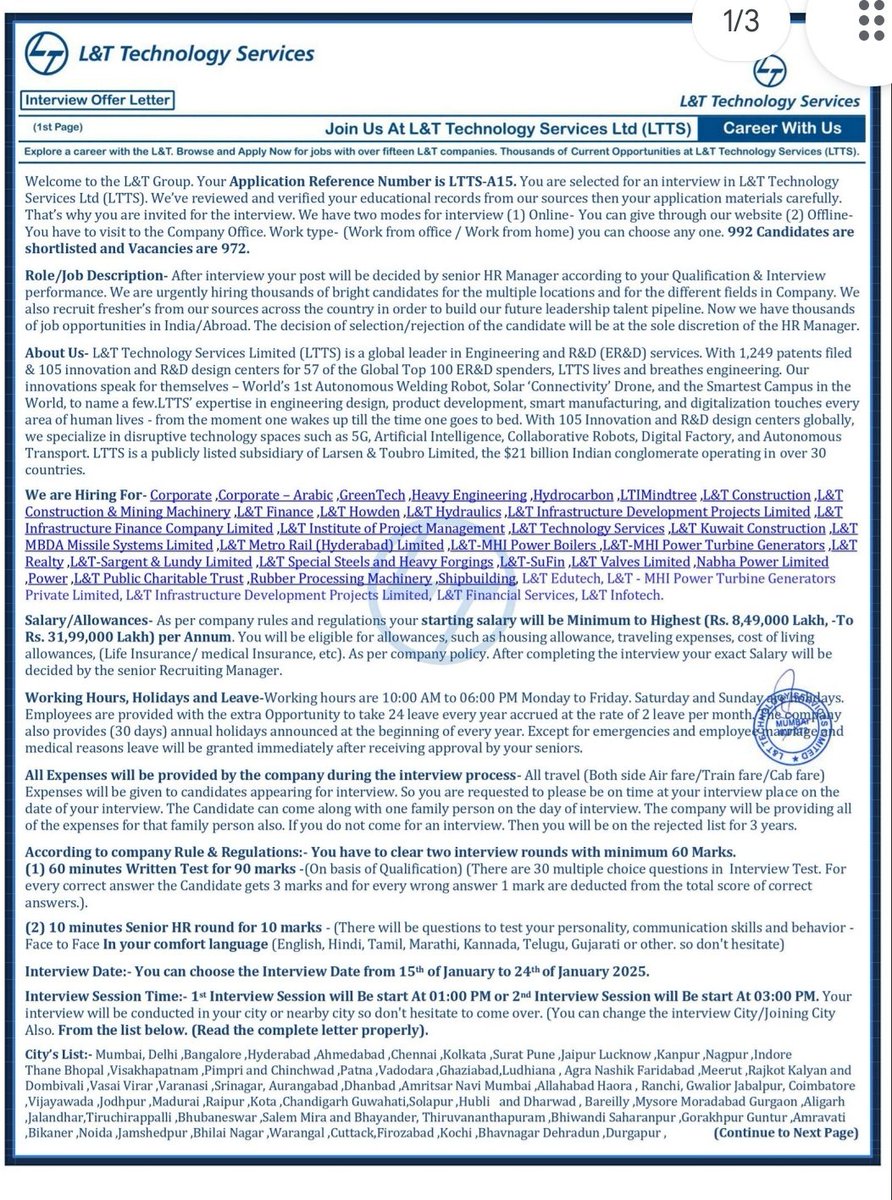 alwaysRC121's tweet image. I got a 3 Pages pdf from L&amp;amp;T in WhatsApp they asked to pay ₹1,950 money to conduct an interview is it real or fake??. #LTindia can you clarify if your recruitment process involves payment? Received a suspicious message.
 #JobVerification
@larsentoubro