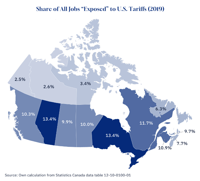 About 2.4 million jobs are exposed to U.S. tariffs, and about 300,000 of those jobs are at suppliers to exporters in another province.

My latest on <a href="/TheHubCanada/">The Hub</a> on what Trump's threats mean for workers: thehub.ca/2024/12/12/tre… #cdnecon #cdnpoli