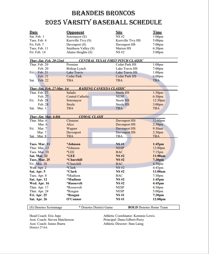 Brandeis HS Baseball (@broncohardball) on Twitter photo 2025 Varsity Schedule Release! <a href="/CoachHutch16/">Coach Hutch</a> <a href="/Coach_KLewis/">Kemmie Lewis</a> <a href="/BroncosBrandeis/">Brandeis Broncos Athletic Booster Club</a>
#ACAAC 2025 Varsity Schedule Release! <a href="/CoachHutch16/">Coach Hutch</a> <a href="/Coach_KLewis/">Kemmie Lewis</a> <a href="/BroncosBrandeis/">Brandeis Broncos Athletic Booster Club</a>
#ACAAC