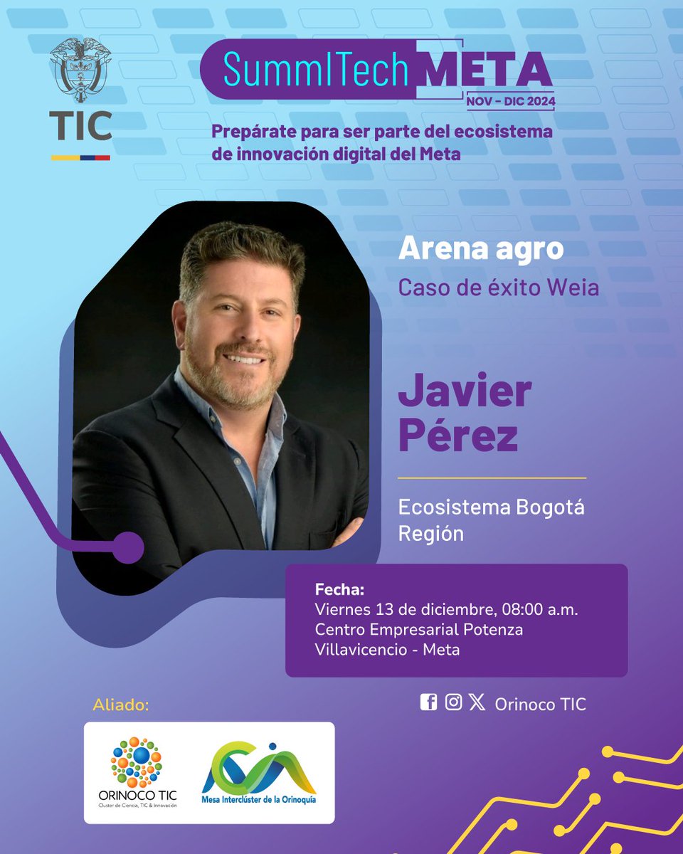 OrinocoTIC's tweet photo. Weia estará en #SummITechMeta. Es un excelente caso de éxito #fintech, brindando financiación a pequeños y medianos productores agropecuarios. Entrada libre.

#InnovaciónMeta @japebu https://t.co/rWxcSLVUoT