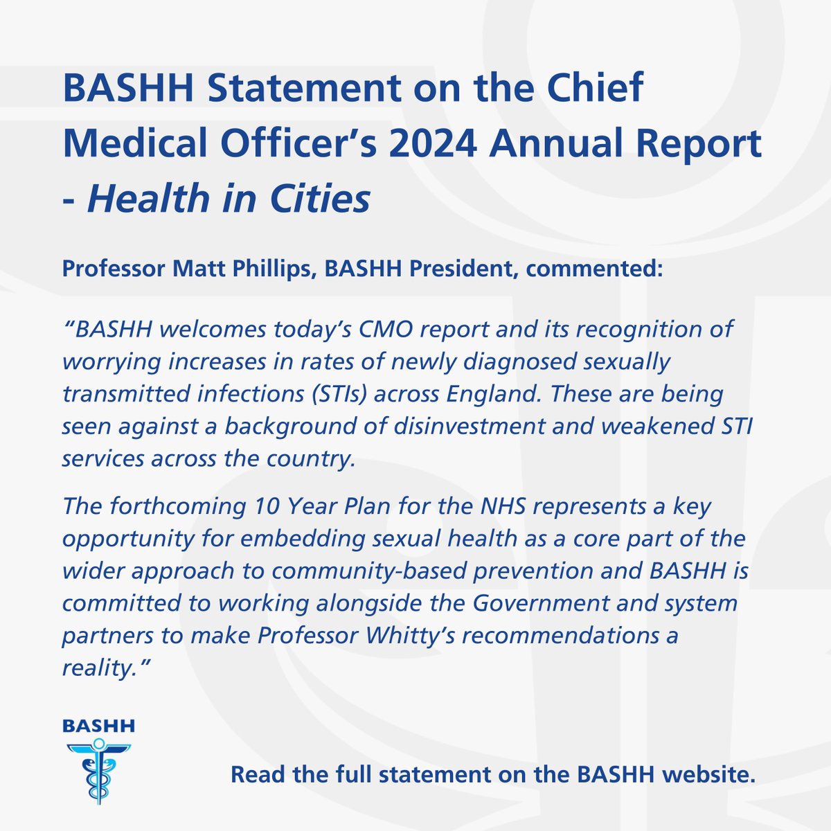BASHH welcomes the Chief Medical Officer’s 2024 Annual Report published today - Health in Cities - which highlights the unique health challenges and opportunities faced by urban populations across England.

Read our full response via the BASHH website ➡️ bit.ly/3OSVvGs
