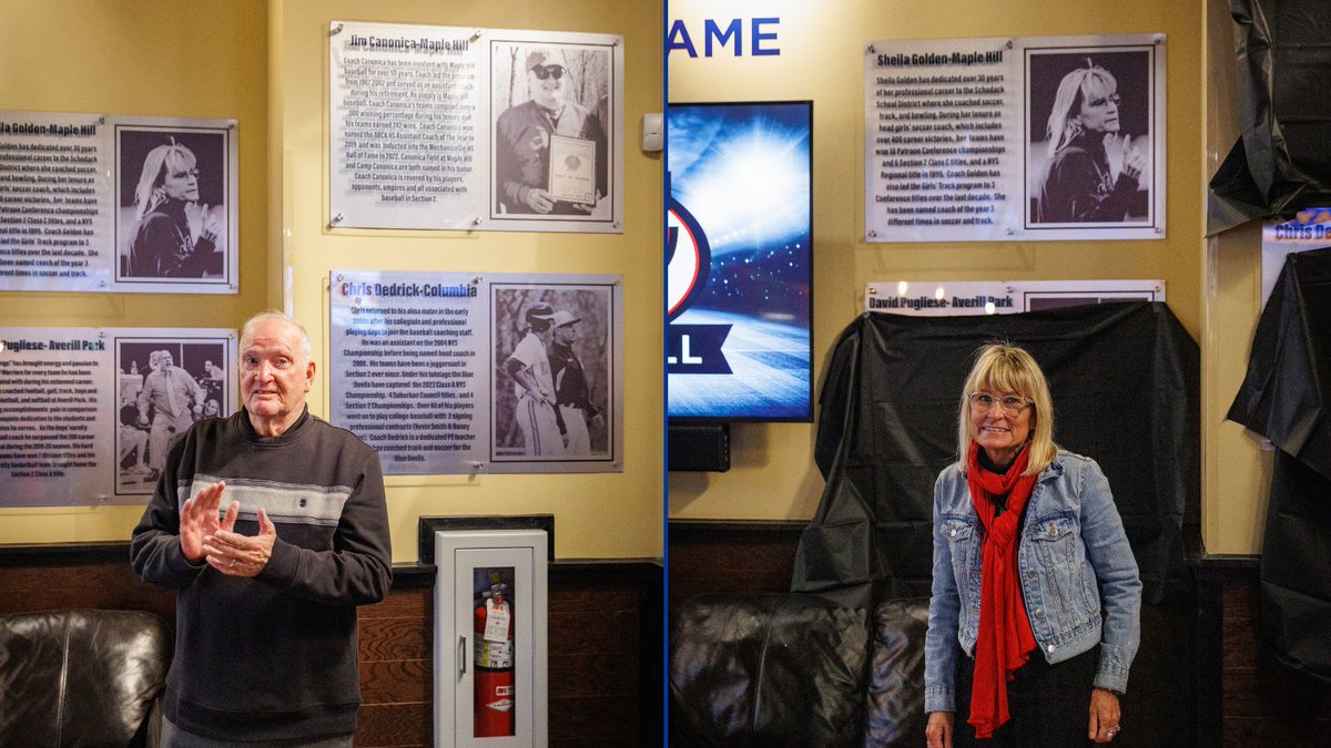MapleHill_HS's tweet photo. Long-time &amp; accomplished @MH_Athletics Coaches Sheila Golden (Soccer, Bowling, Track &amp; Field) &amp; Jim Canonica (Baseball) were inducted to the Coaches Corner Wall of Fame @ the East Greenbush Recovery Sports Grill! Congrats to Coach Golden &amp; Coach Canonica on a well-deserved honor! https://t.co/vvOOnOhTJE