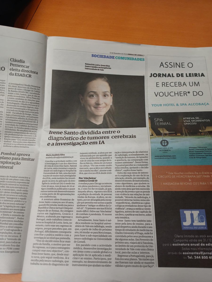 Irene Dixe de Oliveira Santo, MD, CIIP (@dixeirene) on Twitter photo Honored to be featured in the Portuguese newspaper ๐ต๐น๐ฌ๐ฉโ๐ฌ๐ฉโ๐ป๐ฐ๐๏ธ
<a href="/YaleRadiology/">Yale Department of Radiology & Biomedical Imaging</a> <a href="/Yale/">Yale University</a> #radiology #ArtificialInteligence #research #neuroradiology #Medicine Honored to be featured in the Portuguese newspaper ๐ต๐น๐ฌ๐ฉโ๐ฌ๐ฉโ๐ป๐ฐ๐๏ธ
<a href="/YaleRadiology/">Yale Department of Radiology & Biomedical Imaging</a> <a href="/Yale/">Yale University</a> #radiology #ArtificialInteligence #research #neuroradiology #Medicine