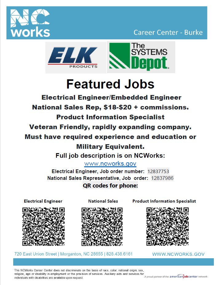 WPWorkforceDev's tweet photo. #featuredjob
Elk Products and The Systems Depot have several great opportunities! Please see the below flyer for further information!
#NCWorks #westernpiedmontworks #jobsearch #jobs #careers #salesjobs #electricalengineeringjobs https://t.co/zR1iwrRjSB