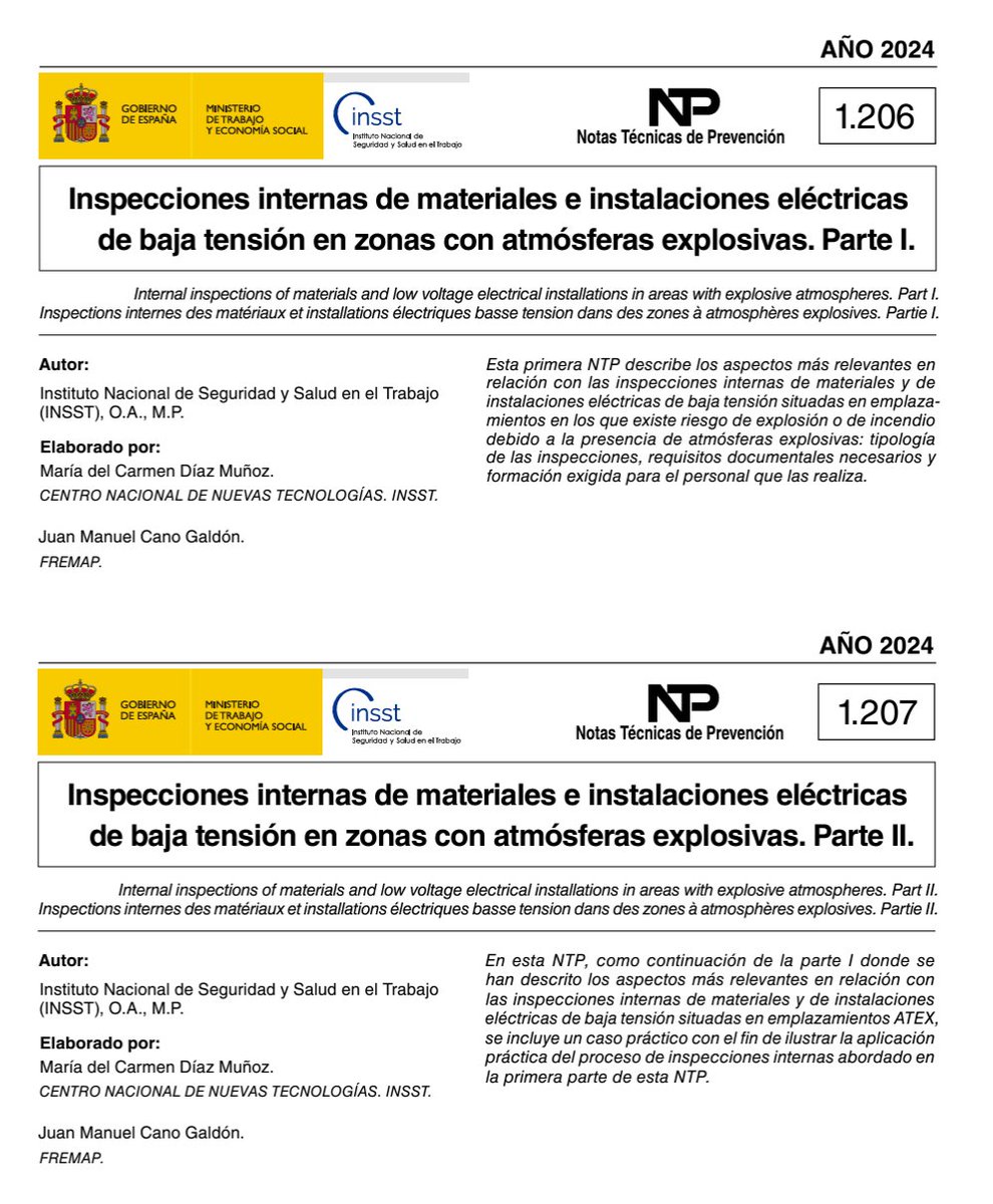 INSST_MITES_GOB's tweet image. 🔛Seguimos con NUEVAS #NTP 

🔌Aquí te contamos cómo realizar las inspecciones en instalaciones de baja tensión en zonas con atmósferas explosivas #ATEX

🌐Descárgalas 👉 run.gob.es/pdjef286
#INSST