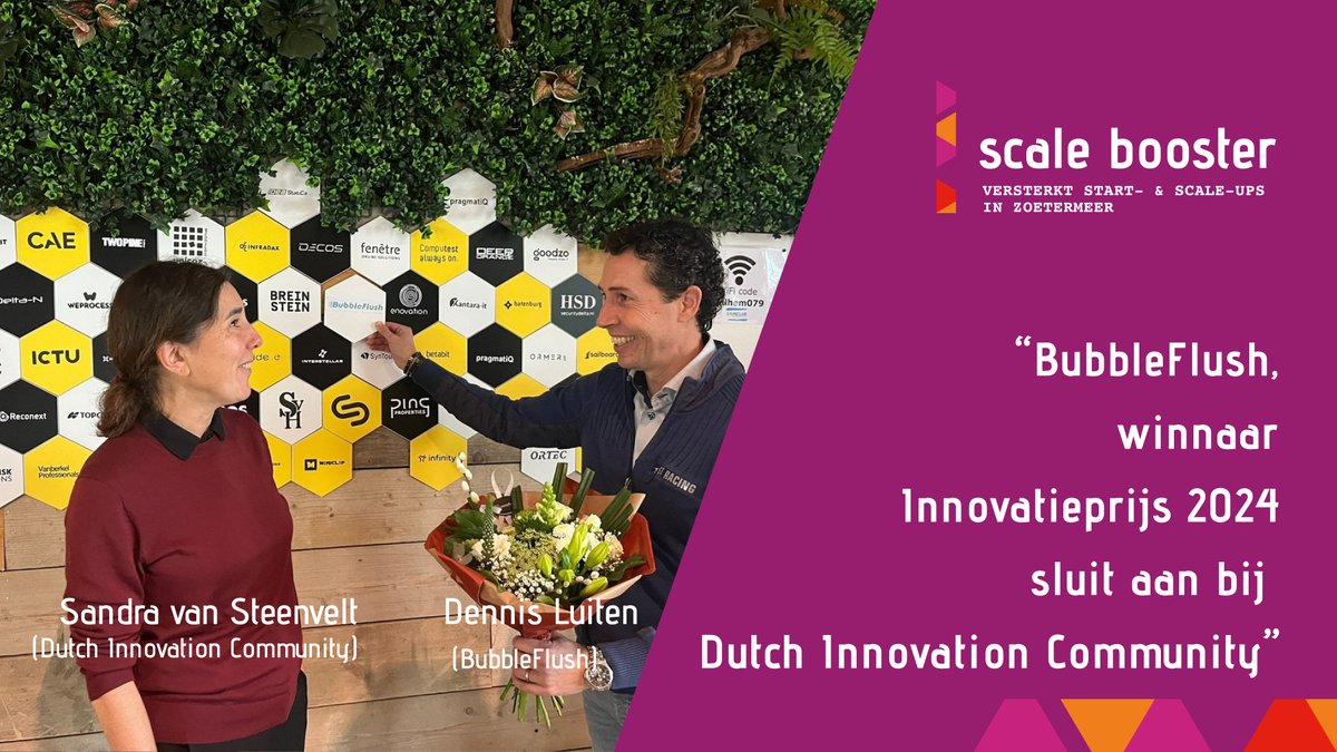 Dinsdag 3 dec. kwam Dennis Luiten van <a href="/bubbleflush/">BubbleFlush</a>
bij de <a href="/DutchInnoPark/">Dutch Innovation Park</a> om het jaarlidmaatschap van de Dutch Innovation Community in ontvangst te nemen. Het bedrijf won de prijs als onderdeel van de Zoetermeerse Innovatieprijs 2024. Een warm welkom aan deze innovatieve koploper.