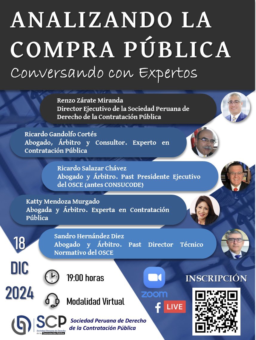 renzozarate's tweet photo. Conversatorio “Analizando la Compra Pública. Conversando con Expertos. Sociedad Peruana de Derecho de la Contratación Pública @sociedadspdcp 

Miércoles 18.12.2024

07:00 p.m. - VIRTUAL

➡️ El acceso es libre.

📌📎Inscripción y registro: 👇👇👇

https://t.co/zbKN9WBrQ4 https://t.co/GNKQ04a14b