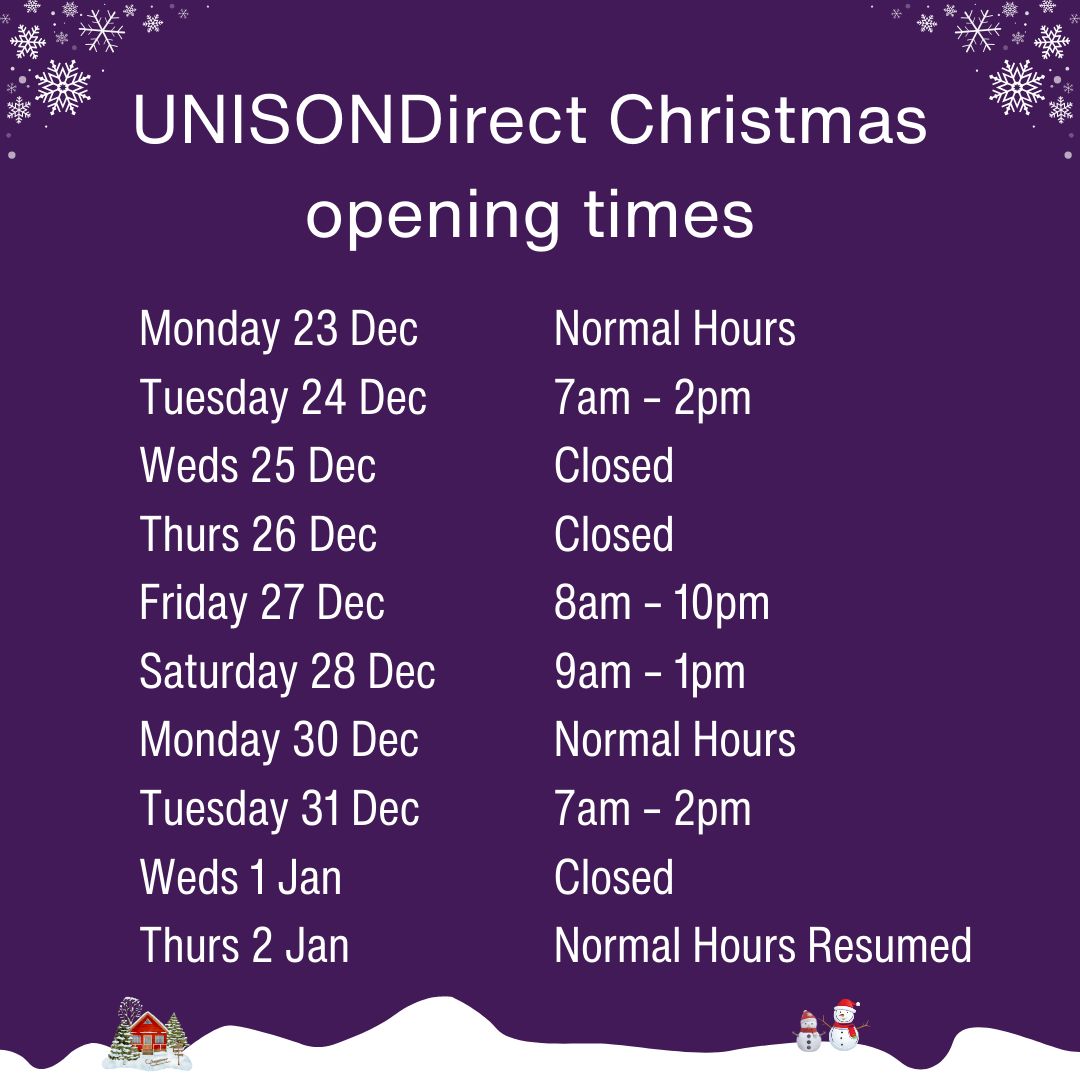 UNISONDirect Christmas opening times.

Monday 23 Dec                    Normal Hours
Tuesday 24 Dec                   7am – 2pm
Weds 25 Dec                        Closed
Thurs 26 Dec                        Closed
Friday 27 Dec                       8am – 10pm
Saturday 28 Dec
