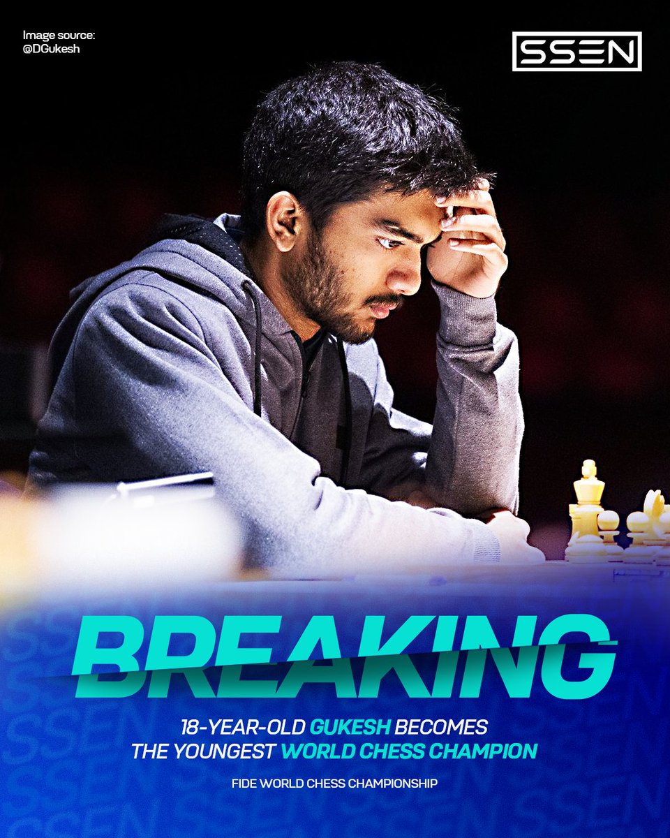 ssen_co's tweet image. 🏆🇮🇳 𝗛𝗶𝘀𝘁𝗼𝗿𝘆 𝗠𝗮𝗱𝗲!

18-year-old Indian prodigy Gukesh Dommaraju dethrones Ding Liren to become the youngest-ever undisputed Classical Chess World Champion! ♟️ 

#WorldChessChampionship2024  #FIDEChess #DingGukesh #ChessChampion #India