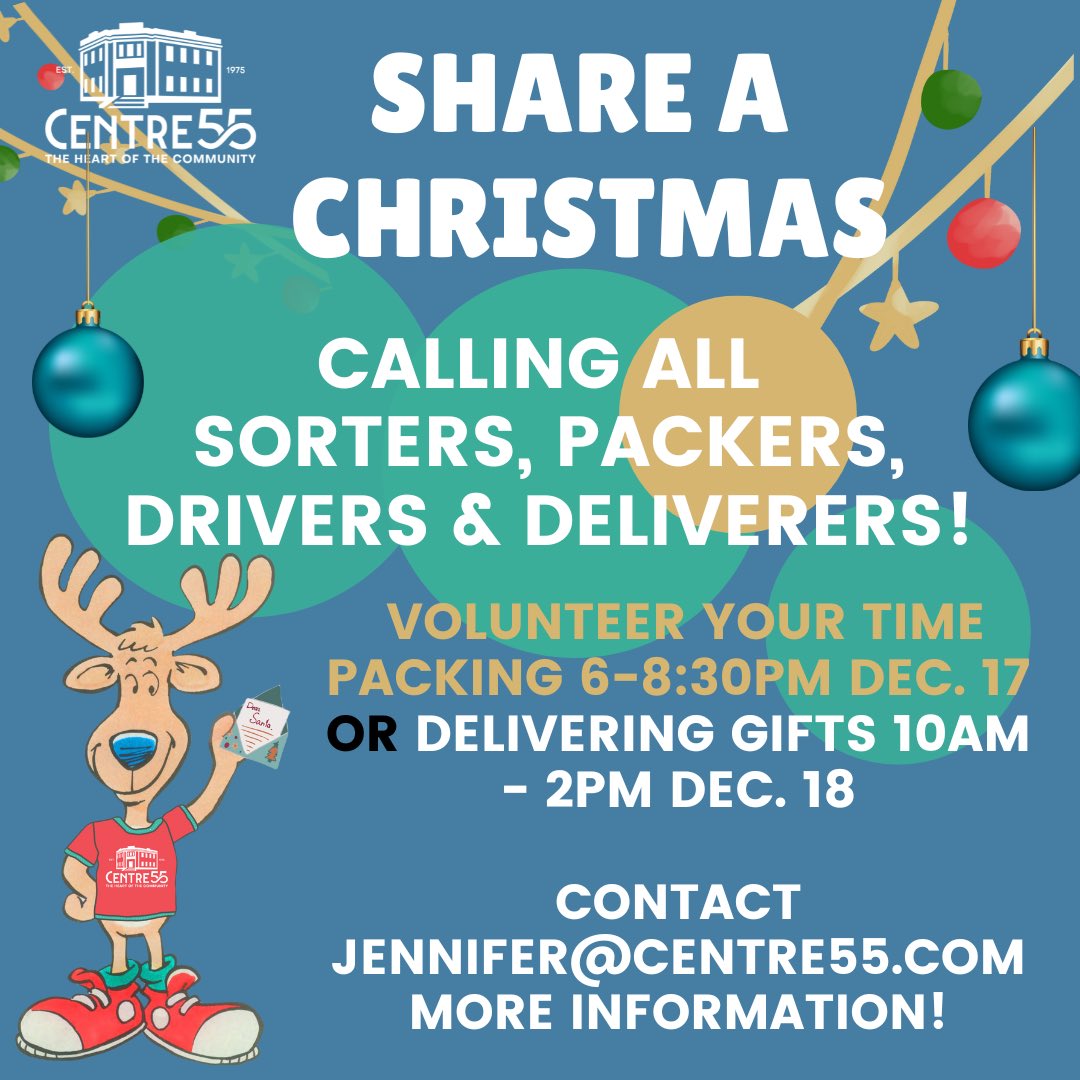 Calling all Share A Christmas helpers! We need elves to help us sort and pack toys on Tuesday, Dec 17 from 6pm – 8:30pm, and help us deliver the gifts on Wednesday, December 18 from 10am – 2pm to families who need them this season! Come to <a href="/Centre55/">Community Centre 55</a> or email jennifer@centre55.com