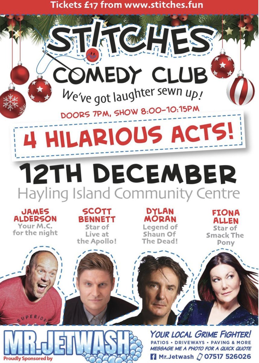 Check out this comedy line up for tonight in Hayling! Still some tickets left if you’re quick! Starring <a href="/fionaallentweet/">Fiona Allen</a> <a href="/scottbcomedyuk/">Scott Bennett - on tour 2025!</a> <a href="/comedyjames/">James Alderson - Bring Back The 80s Podcast!</a> and <a href="/thedylanmoran/">Dylan Moran</a> !! stitches.fun/hayling-island…