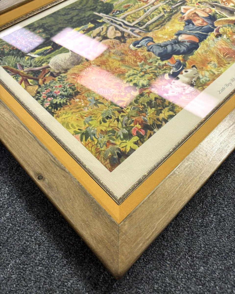 FramesUnlimited's tweet photo. Deck the walls, #FrameFridays! Our team framed these five #vintage nursery rhyme illustrations, each using a wooden frame, a color-matched liner, a rustic fillet, and museum glass, showcasing how various pieces can be crafted into a cohesive wall display. #GalleryWalls https://t.co/ZM7kkp9rSL