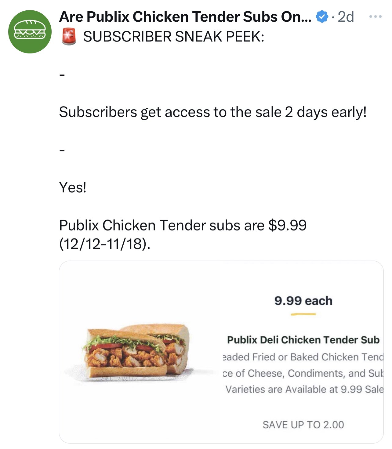 Are Publix Chicken Tender Subs On Sale? (@PubSubs_on_sale) / X