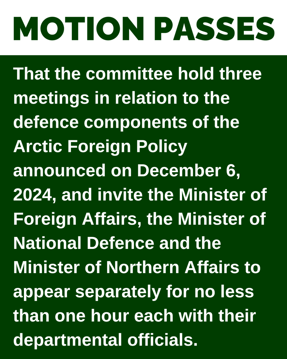 BREAKING

Defence Committee passed my motion to invite <a href="/melaniejoly/">Mélanie Joly</a>, @billblair and <a href="/stbstvdan/">Dan Vandal</a> to answer our questions on their new Foreign Arctic Policy announced last week.

They need to answer how setting up consulates and appointing an Arctic Ambassador will solve the rapidly