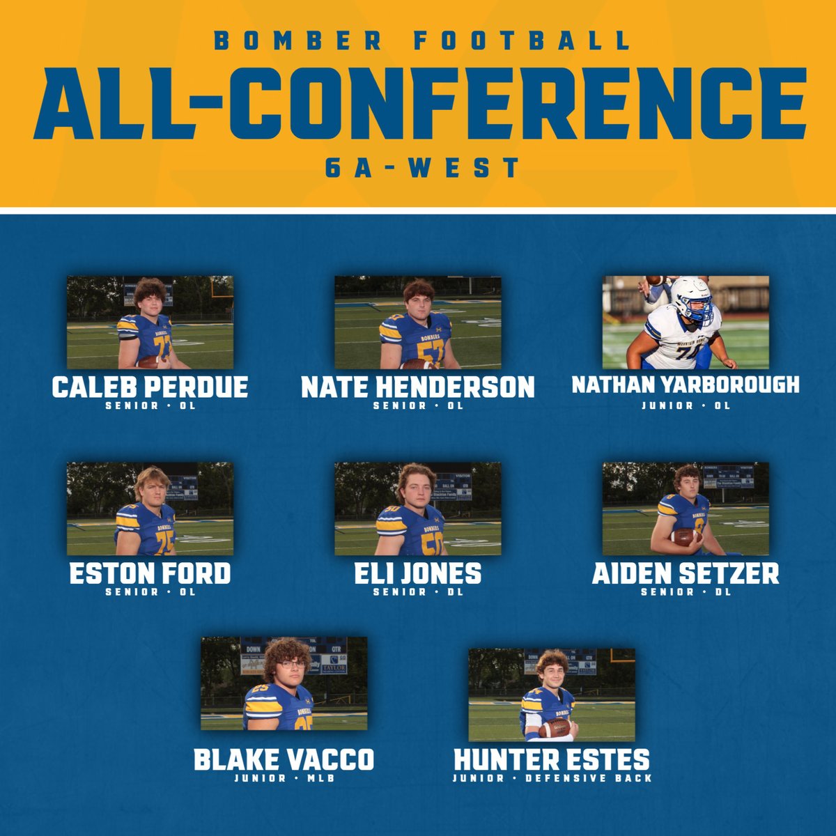 Congratulations to our 8 6A-West All Conference recipients!

#OneBomber