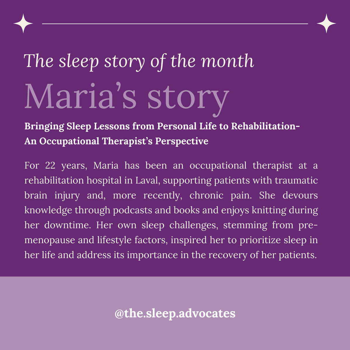 Maria’s journey from undervaluing sleep to prioritizing it for her own well-being has transformed her approach as an occupational therapist. 

css-scs.ca/share-your-sle…

<a href="/mcgillu/">McGill University</a> 
<a href="/TheNeuro_MNI/">The Neuro</a> 
<a href="/canadiansleep/">Canadian Sleep Research Consortium</a> 
<a href="/ReseauSommeilQC/">ReseauSommeilQc</a>
