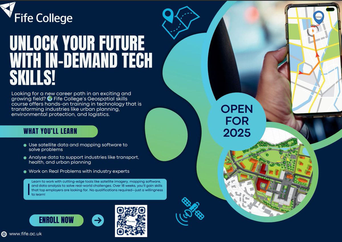 GIS4HE's tweet image. Looking for a change of direction? Know someone who wants to get into Geospatial but doesn't know where to start? If you are based in Fife or Central Scotland, you might want to look at the new course being offered by Fife College - Space & Space Data fife.ac.uk/courses/subjec…
