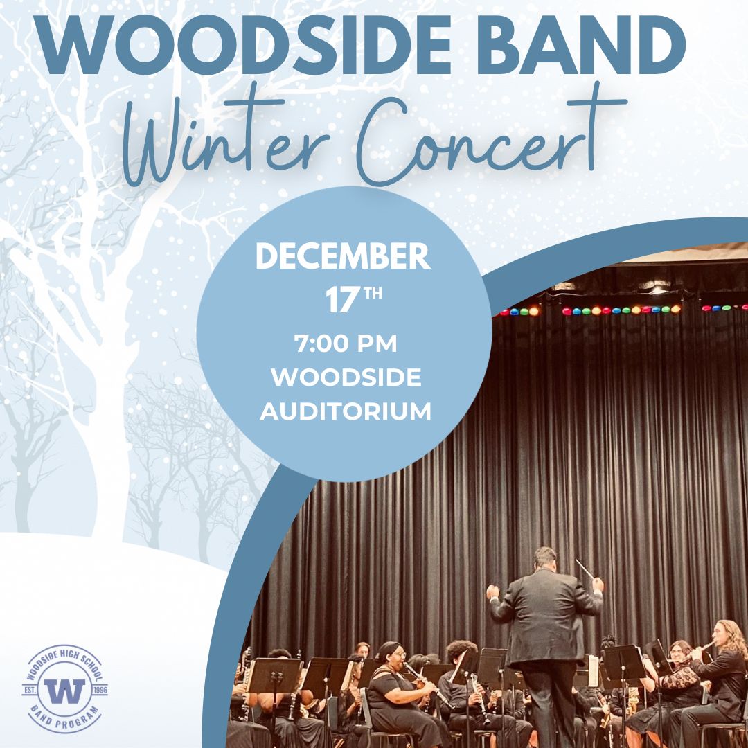 Woodside_Band's tweet image. Hey!
We can’t wait to share the hard work our students have been doing. Come out to our Winter Band Concert and hear our Jazz Band, Concert Band, Percussion Ensemble, and Symphonic Wind Ensemble!
#NNPSArts
#WSHSMAG