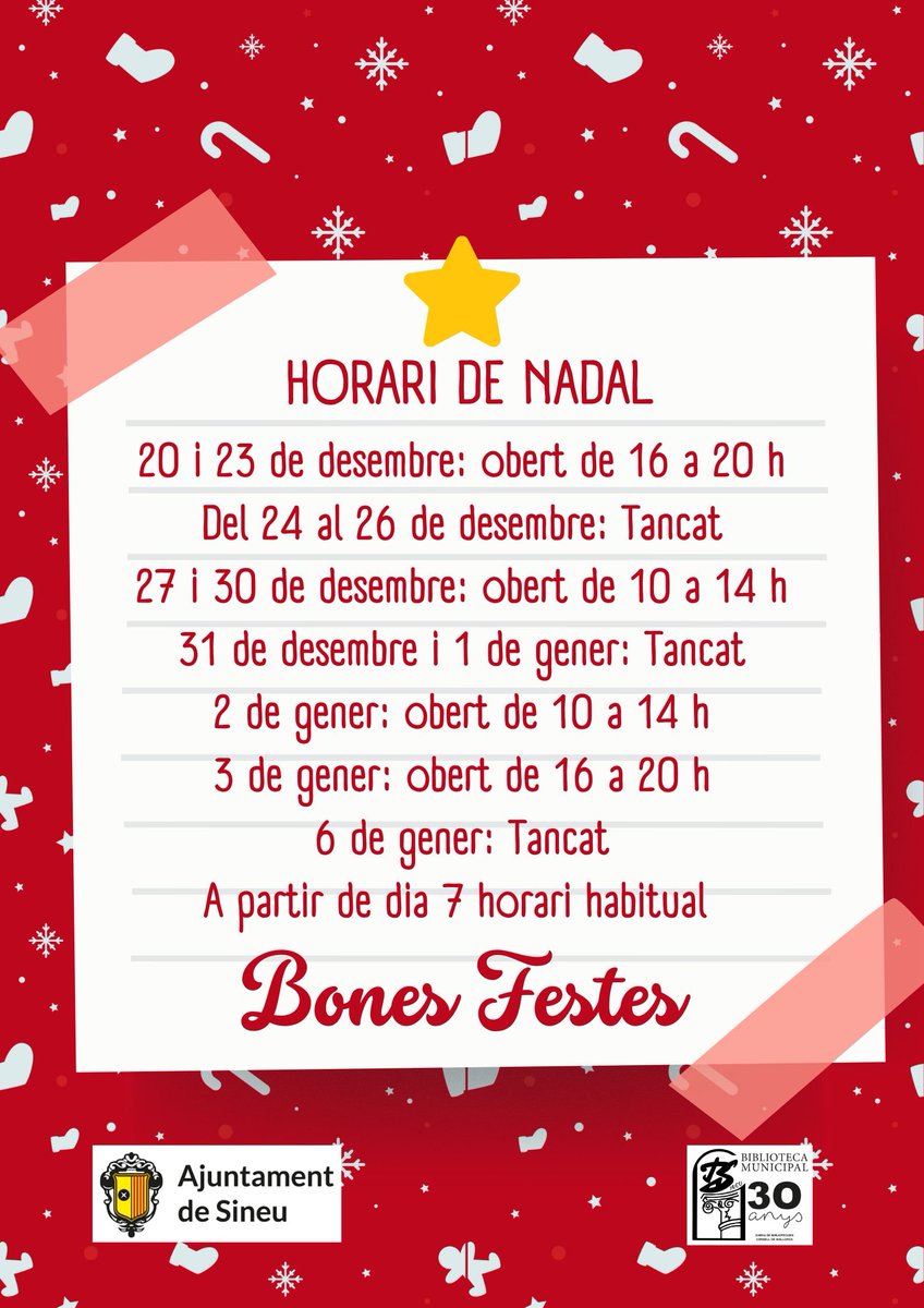 Aquest serà l'horari de Nadal de la <a href="/BiblioSineu/">Biblioteca de Sineu</a> .
<a href="/ajsineu/">Ajuntament de Sineu</a> <a href="/bibliomallorca/">Bibliomallorca</a>