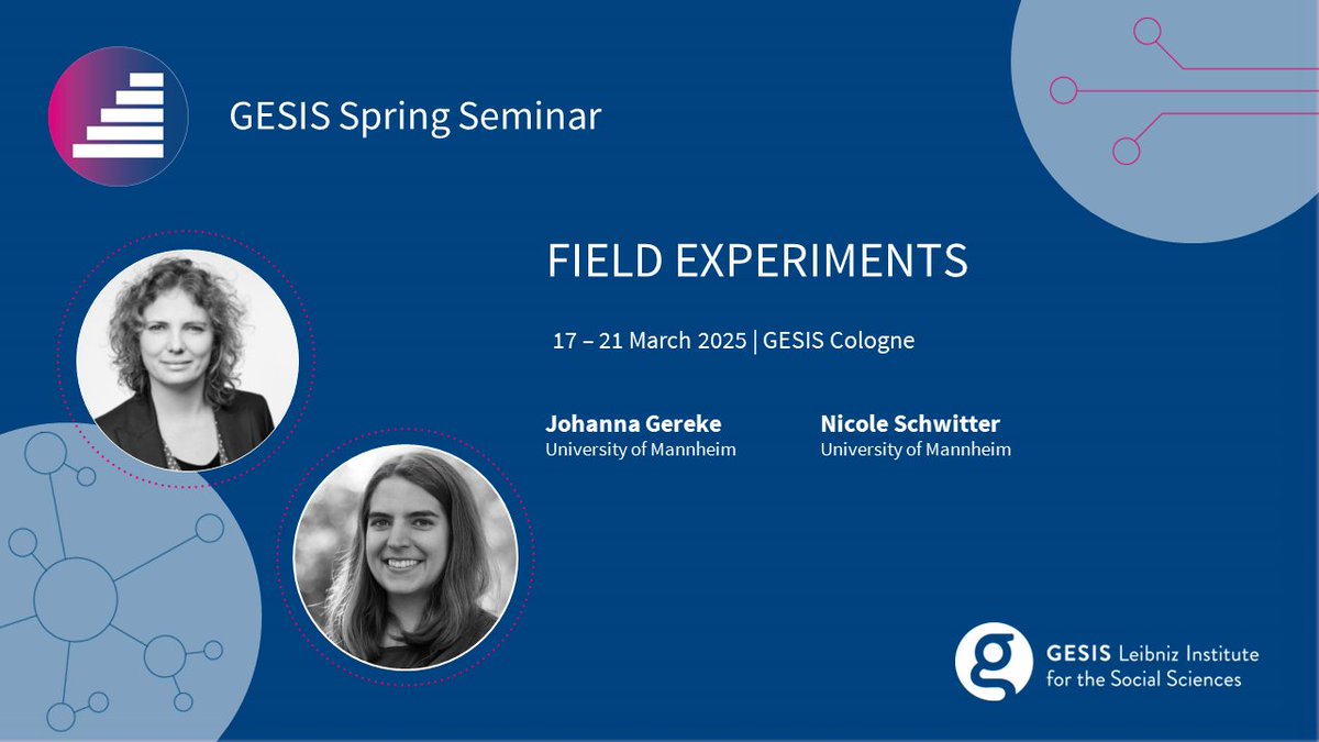 🔍 Interested in combining the potential of experiments for causal inference with the external validity of real-world contexts?  📊 Our #GESISspringseminar course on Field Experiments covers all stages from design and randomization to data analysis.  

➡️ tinyurl.com/FieldExperimen…