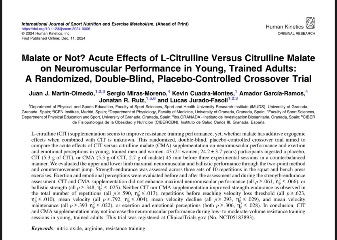 Juan J Martín Olmedo (@jotaroxas) on Twitter photo Glad to announce our study, “Malate or Not? Acute Effects of L-Citrulline Versus Citrulline Malate on Neuromuscular Performance in Young, Trained Adults: A Randomized, Double-Blind, Placebo-Controlled Crossover Trial”, has just been published in <a href="/IJSNEMJournal/">IJSNEMJournal</a> Here’s a thread👇 Glad to announce our study, “Malate or Not? Acute Effects of L-Citrulline Versus Citrulline Malate on Neuromuscular Performance in Young, Trained Adults: A Randomized, Double-Blind, Placebo-Controlled Crossover Trial”, has just been published in <a href="/IJSNEMJournal/">IJSNEMJournal</a> Here’s a thread👇