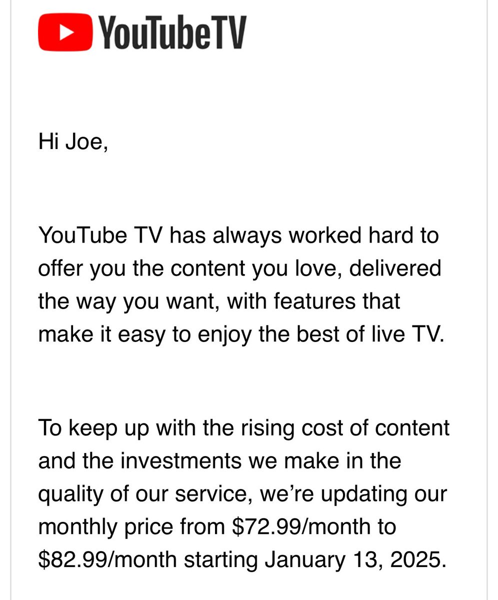 YouTube TV is increasing its price to $83 a month starting in January 2025.

That means YouTube TV has now doubled in price over the last five years, from $40 to $83 per month, while also removing regional sports networks and other channels like MLB network.

That’s crazy.