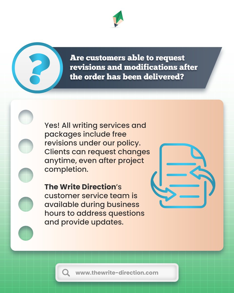WriteDirection7's tweet image. Your satisfaction matters! 👍 At The Write Direction, clients can request changes anytime, even after project completion. 📝🔄

🌐 thewrite-direction.com
📞 Book a Call :  calendly.com/info-twd/30min…

#TheWriteDirection #UserGuides #UserManuals #TechWriting #WritingTips