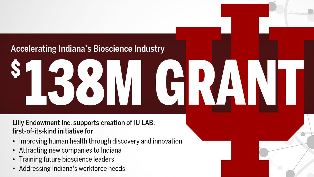 IndianaUniv's tweet photo. A first-of-its-kind initiative, known as IU LAB, is supported by a $138 million grant from Lilly Endowment Inc. and will bring together Indiana's extensive biosciences expertise. The grant will fund construction of a state-of-the-art facility for IU LAB that will integrate education, research and development, and business incubation and acceleration at @16Techinnovate. 

Read the news at https://t.co/JaTd0GrKwe.