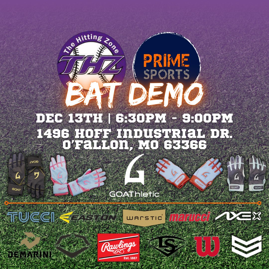 prime_mw's tweet image. 🚨BAT DEMO DAY TOMORROW🚨
Step into the cage and demo the hottest new bats AND demo the latest Batting Gloves from GOAThletic with us on Friday Dec. 13th at The Hitting Zone!
#Batdemo #PrimeSports #THZ #GOAThletic