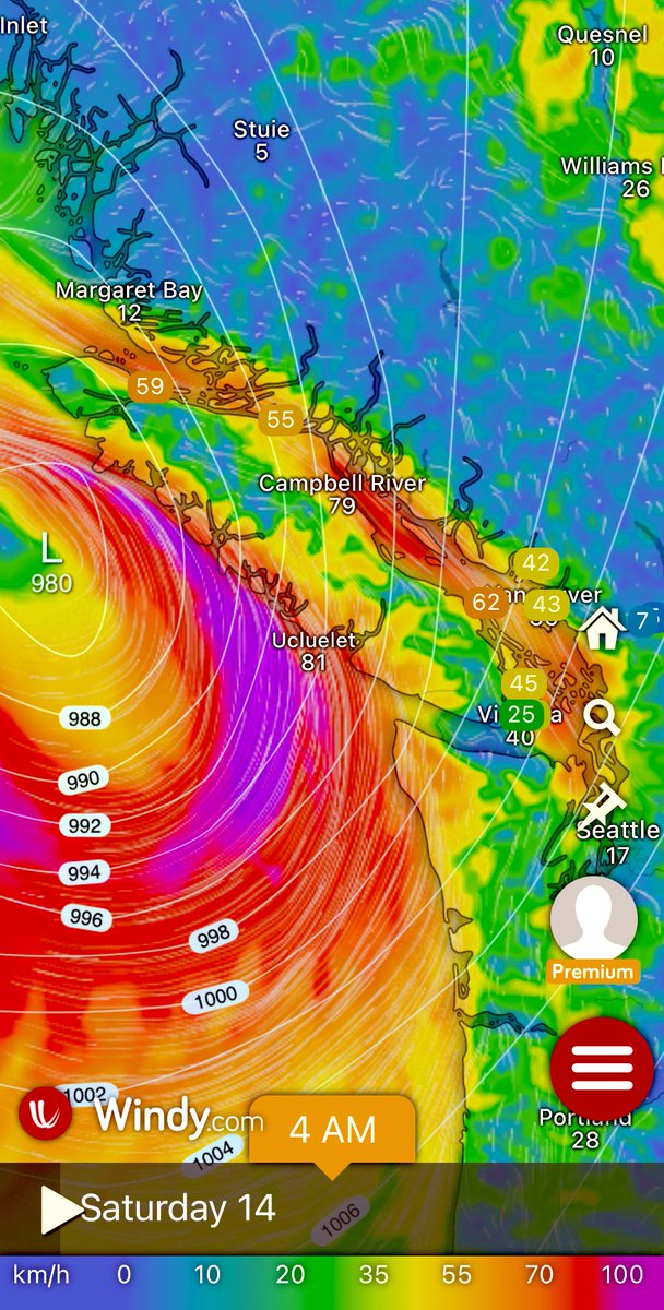 southcoastwx's tweet image. Very high winds anticipated for western Vancouver Island, as the strongest winds of the storm will be aimed at these shorelines. 
100km/h+ gusts possible early Saturday. 

The next forecast will be dropped tonight or tomorrow morning, stay tuned! 
#BCStormWatch #BCWind #Windstorm