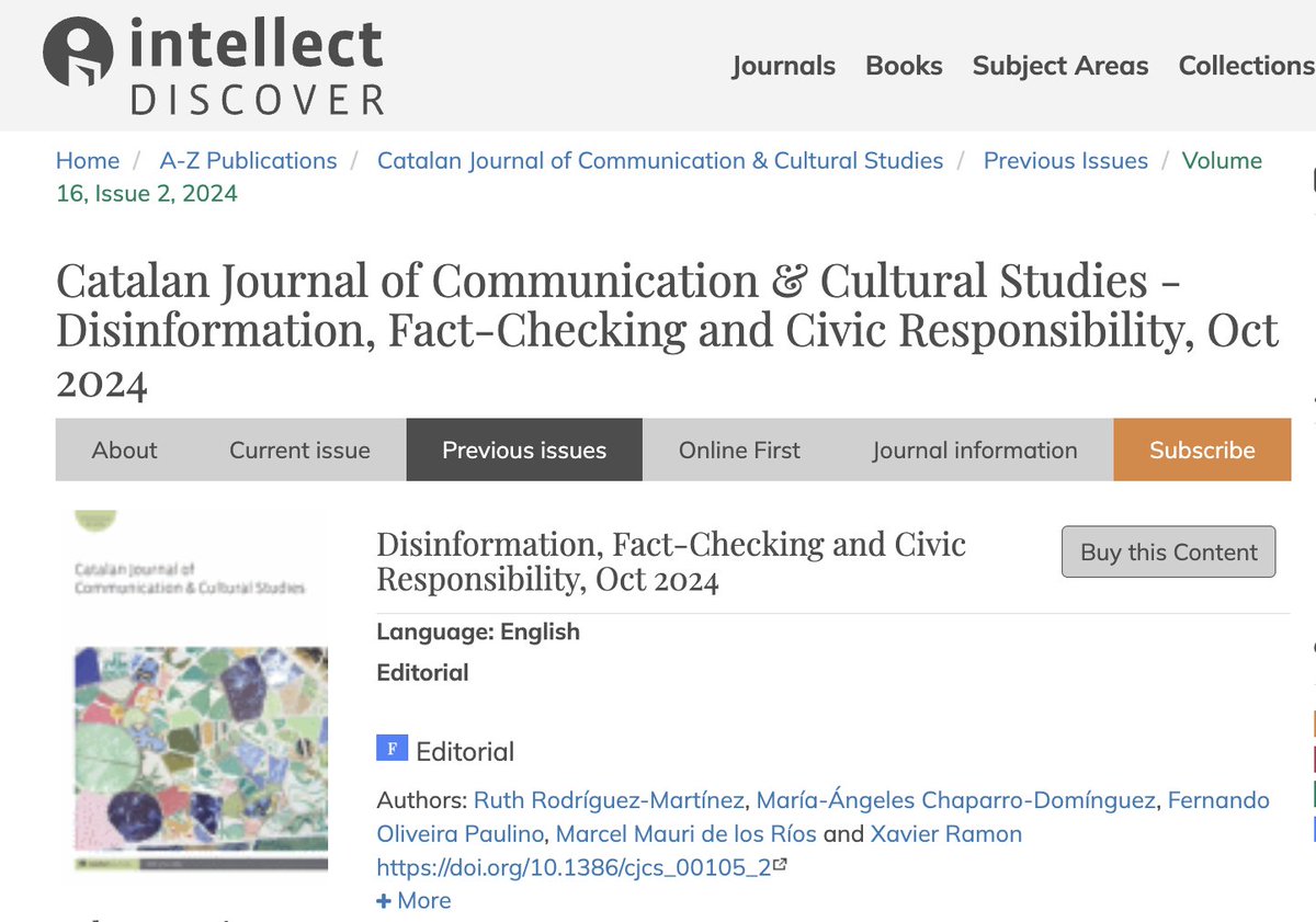 ✏️Our colleagues Ruth Rodríguez-Martínez, Marcel Mauri and Xavier Ramon have participated in the latest monograph of the Catalan Journal of Communication &amp; Cultural Studies

"Disinformation, Fact-Checking and Civic Responsibility"

👉Available at: intellectdiscover.com/content/journa…