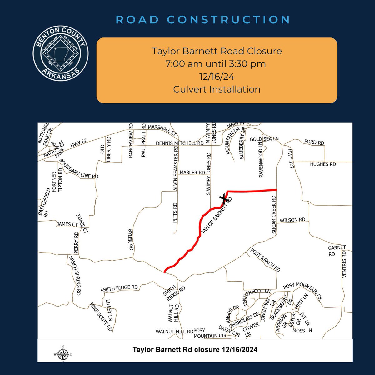 Taylor Barnett Road south of Garfield will be closed for a culvert installation on December 16 from 7 am - 3:30 pm. Please heed all signage in the area. All construction is pending weather or other delays.