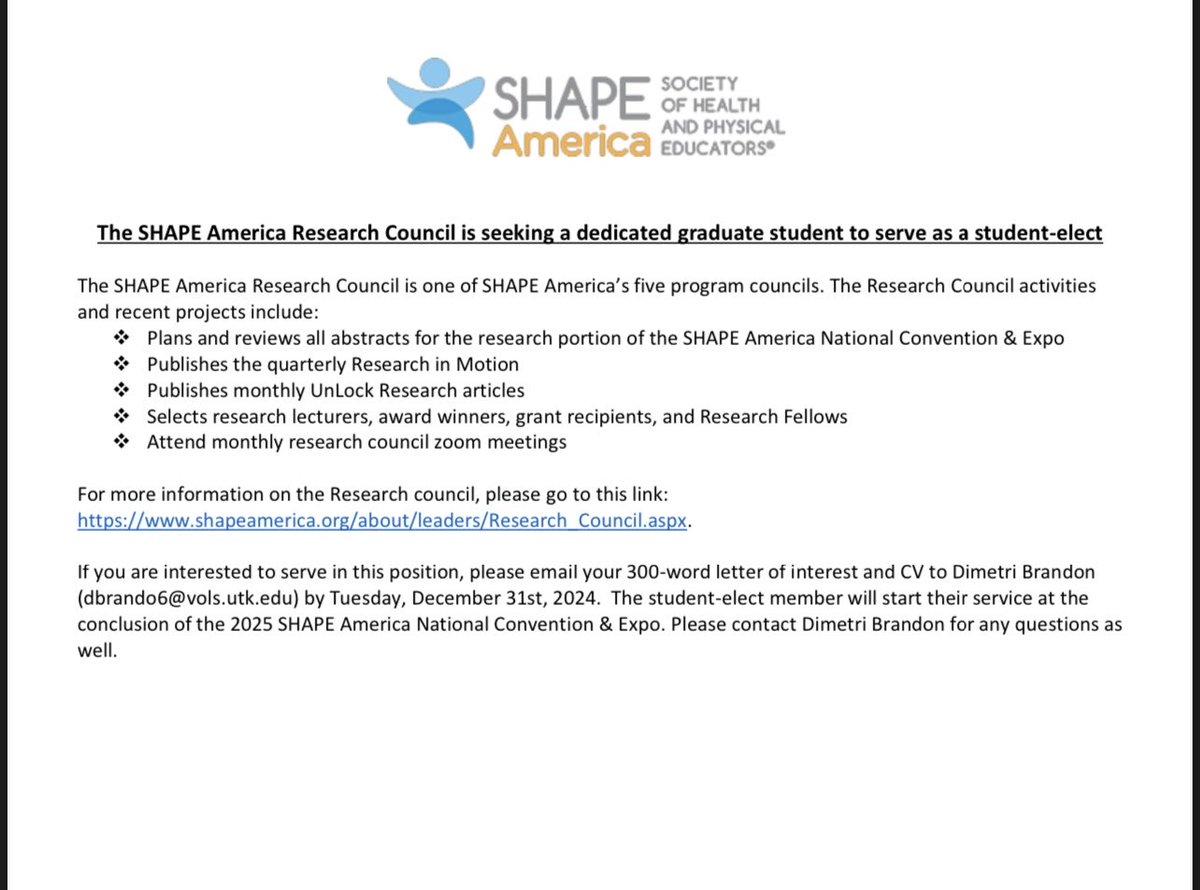 Dimetri Brandon (@dimetri_brandon) on Twitter photo If you or someone you know is a graduate student interested in joining the <a href="/SHAPEAmerica/">SHAPE America</a> Research Council, please reach out to me! This is a fantastic opportunity for graduate students to get involved with SHAPE and contribute to the research community. If you or someone you know is a graduate student interested in joining the <a href="/SHAPEAmerica/">SHAPE America</a> Research Council, please reach out to me! This is a fantastic opportunity for graduate students to get involved with SHAPE and contribute to the research community.