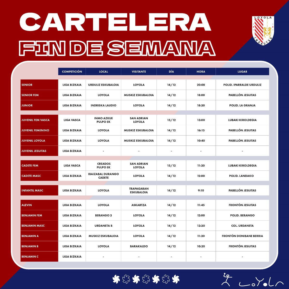 🗓️ #CARTELERAFINDESEMANA

Aquí os dejamos la cartelera de este fin de semana. Mucha suerte a todos los equipos en sus partidos.

¡A darlo todo y a disfrutar! 💪🏻💪🏻🤾 ♥️💙