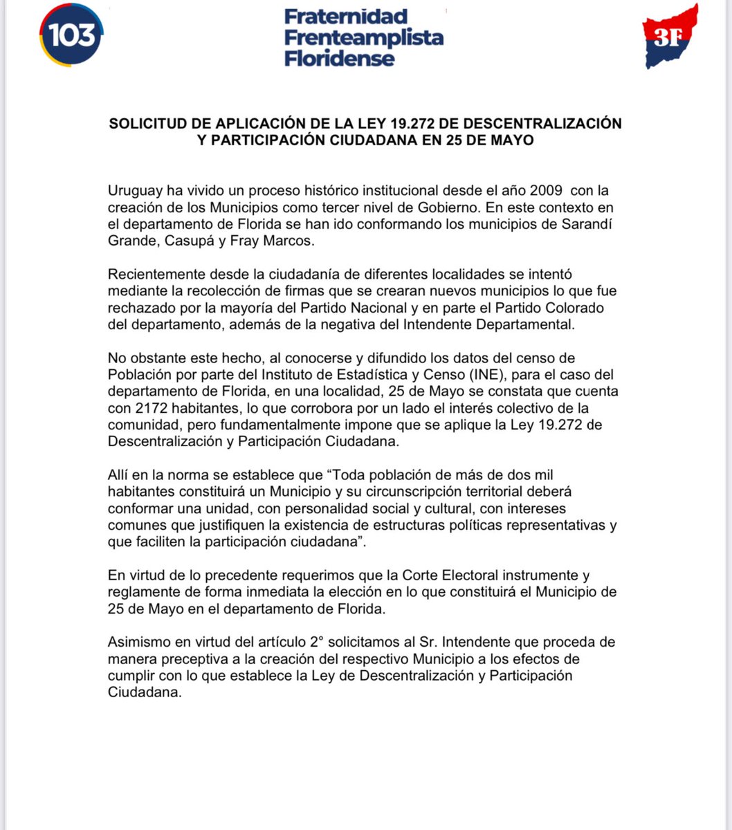Felicitaciones a la ciudadanía de 25 de Mayo. Ahora serán Municipio. Descentralizar es posible Solicitamos al Intendente <a href="/g_lopezmendez/">Guillermo López M</a> que proceda de
manera preceptiva a la creación del respectivo Municipio  cumpliendo con la Ley de Descentralización y Participación Ciudadana