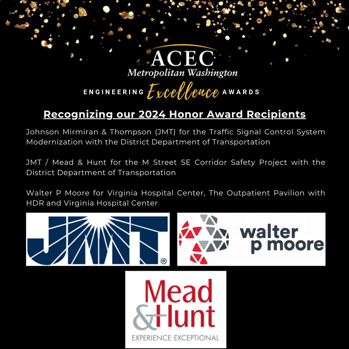 ACEC Metropolitan Washington (@acec_mw) on Twitter photo ACEC/MW would like to congratulate Honor Award Recipients Johnson, Mirmiran & Thompson, <a href="/WalterPMooreEng/">Walter P Moore</a>, and <a href="/MeadHunt/">Mead & Hunt</a>!
They will be recognized during our Engineering Excellence Awards Gala on December 17th at the Mayflower Hotel in DC. ACEC/MW would like to congratulate Honor Award Recipients Johnson, Mirmiran & Thompson, <a href="/WalterPMooreEng/">Walter P Moore</a>, and <a href="/MeadHunt/">Mead & Hunt</a>!
They will be recognized during our Engineering Excellence Awards Gala on December 17th at the Mayflower Hotel in DC.