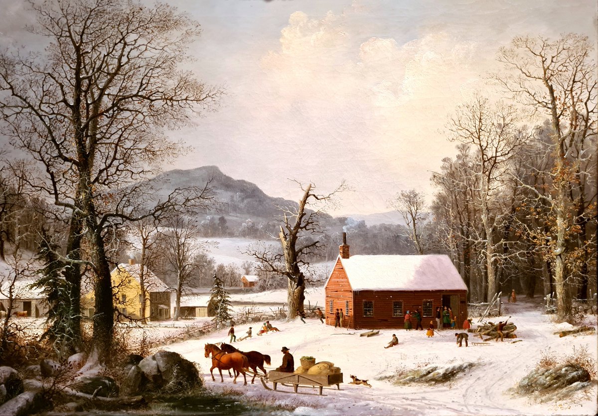 #GreatWinterPaintingsByOldMasters □Red School House (Country Scene) (1858) ☆GEORGE HENRY DURRIE (1820-1863)▪︎Winter fun around the one-room school house. Probably in the State of Connecticut, where the master mostly traveled and painted village life▪︎🏛<a href="/metmuseum/">The Metropolitan Museum of Art</a>-NEW YORK