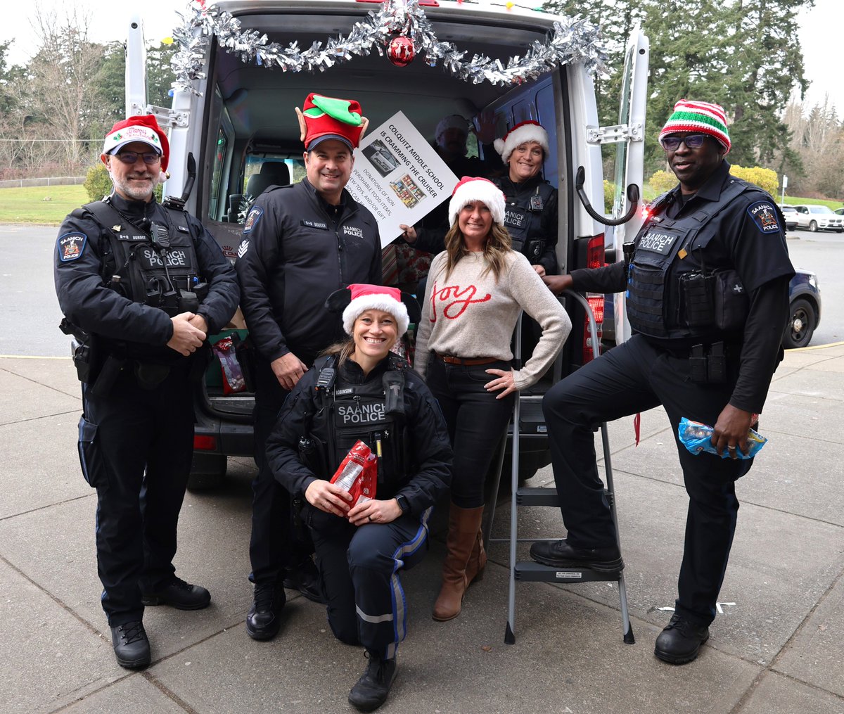Our Saanich PD elves were at Colquitz Middle School today, where the generous students and staff Crammed the Cruiser for the eleventh year running! Thank you to Principal Schlappner and the school community #yyj