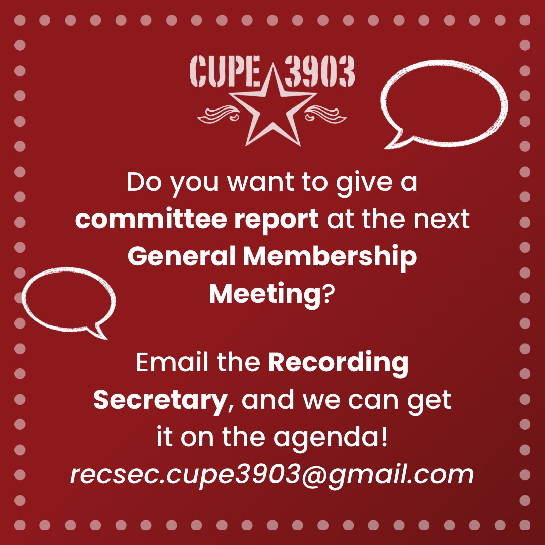 CUPE 3903 (@cupe3903comms) on Twitter photo Are you a member of a CUPE 3903 committee and want to talk about the work you’re doing? 💬
Email recsec.cupe3903@gmail.com to get your committee report on the GMM agenda. 💌
Remember: earlier notice is best! The next GMM is Tuesday, Dec. 17th. 🗓️ cupe3903.org/event/dec-gmm/ Are you a member of a CUPE 3903 committee and want to talk about the work you’re doing? 💬
Email recsec.cupe3903@gmail.com to get your committee report on the GMM agenda. 💌
Remember: earlier notice is best! The next GMM is Tuesday, Dec. 17th. 🗓️ cupe3903.org/event/dec-gmm/