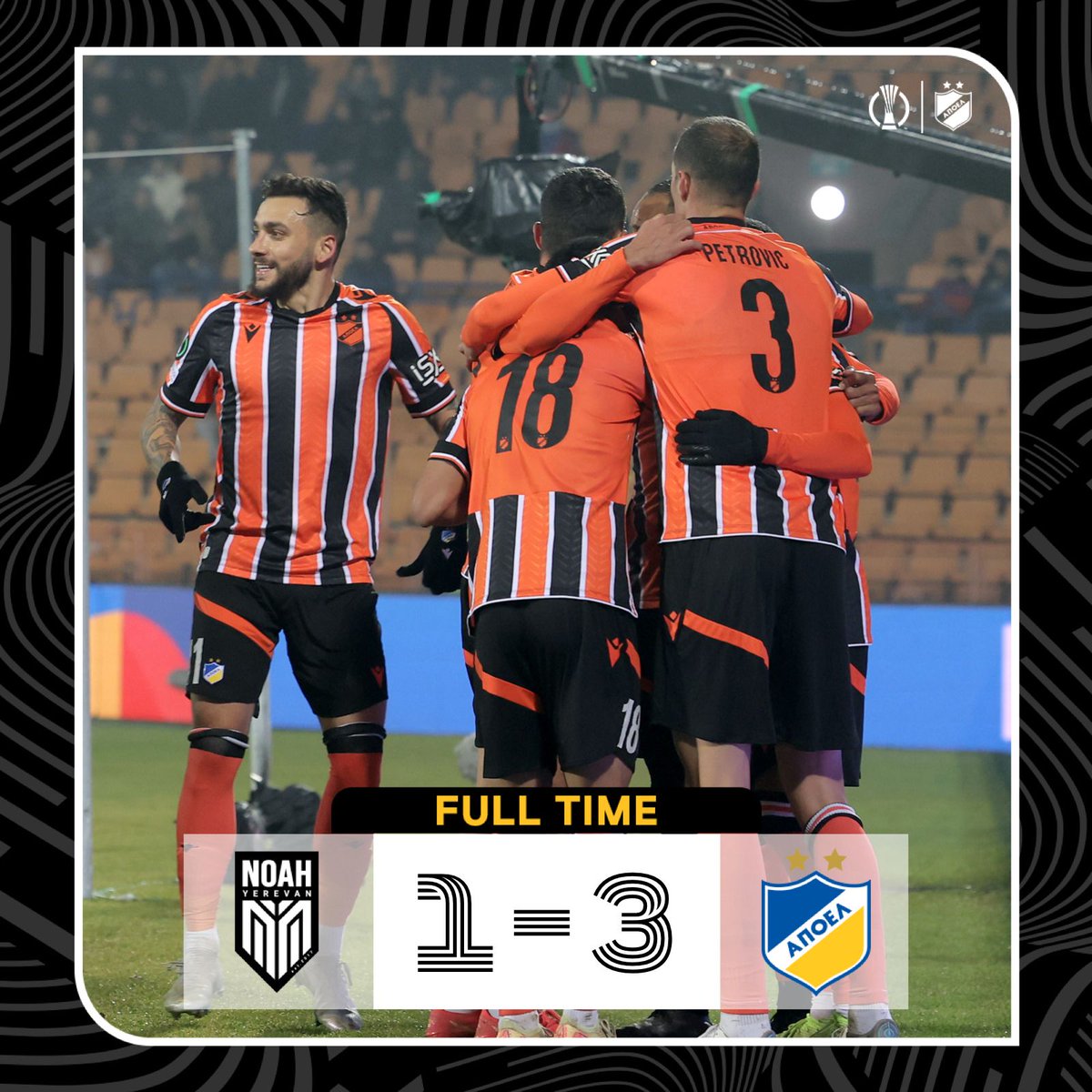 apoelfcofficial's tweet image. [FT] Ολοκληρώθηκε ο αγώνας.
#FCNoah 1-3 #APOELFC (#UECL MD5)
⚽️ Aias 45'+5 | Chebake 23', Kostadinov 89', Abagna 90'+3

#NOAvAPO #UECL #apoelfclive
#Stoiximan #iroes