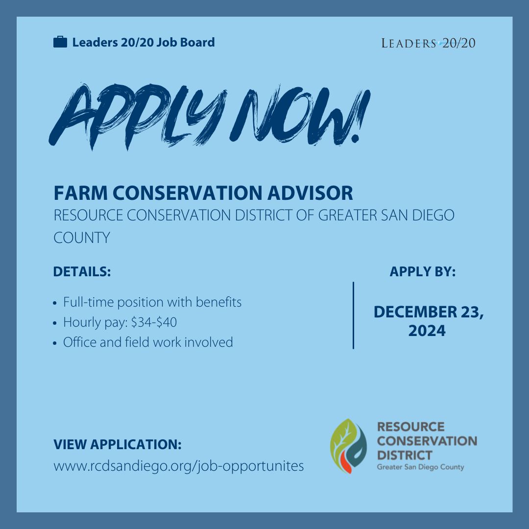 Resource Conservation District of Greater San Diego County is hiring a Farm Conservation Advisor!

Full-time position with benefits
Hourly pay: $34-$40
Office and field work involved

Apply by:
December 23rd, 2024

View application:
buff.ly/4isMK3p