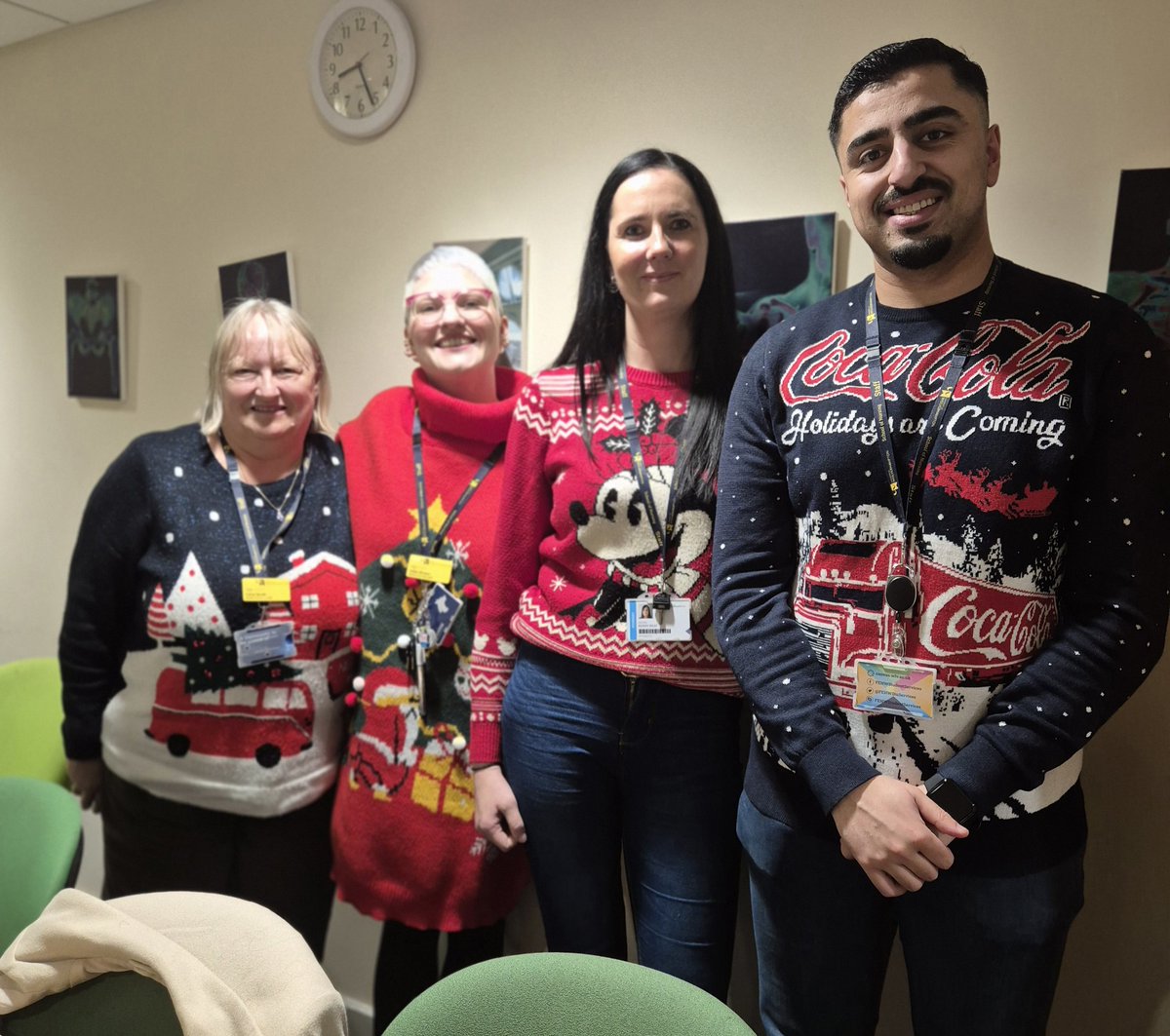 LDiegnan's tweet photo. Fabulous staff Christmas jumpers 🎄🎄🎄🎄 Nursing Team, Walsall campus. Save the Children  @donnasl8888 @HelenMarieBowen @JulieEv09370034 @lynnewalsall @mazp74 @NurseEd_MH @wlv_uni @wlvnursing @wlvuni_LD @DominicMccutch3 https://t.co/aFeDcRBBQv