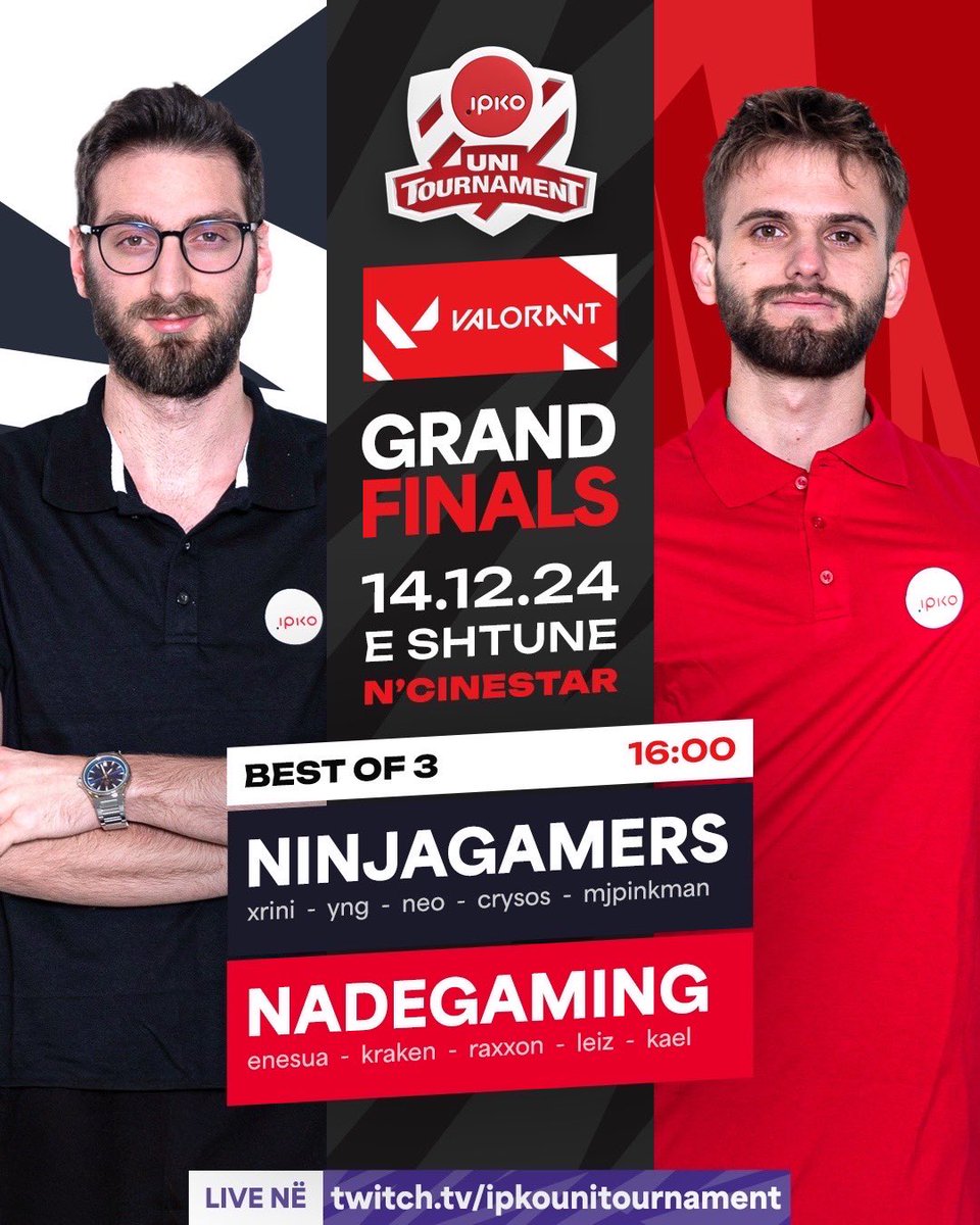 XPortalesports's tweet photo. IPKO UNI VALORANT GRAND FINALS 🏆🏟️🔴
NINJAGAMERS vs NADE Gaming - BO3 ⚔️
🏟️Location: Cinestar Arena, Prishtina Mall!
14 Dhjetor! 🔥⚡️
Live në https://t.co/0BJYtfBYD8 🔴🏆
#ipkogames #ipkounitournament #ipko #esports #kosova https://t.co/Tz3bqfDZy5