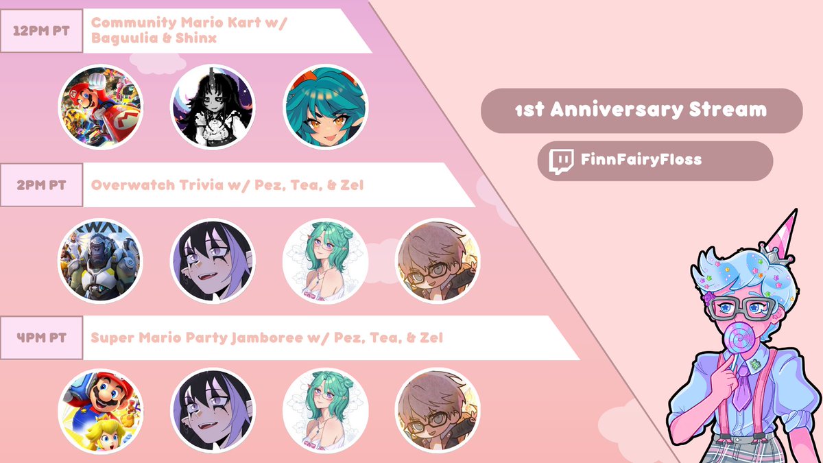 FinnFairyFloss's tweet photo. 🎊🍬🍭1 YEAR ANNIVERSARY STREAM!!!! 🍭🍬🎊

12/14 - Come join my friends and I as we celebrate the frist year of Finn!!!! 🎊🍬🍭 https://t.co/l5O5x7r9FX