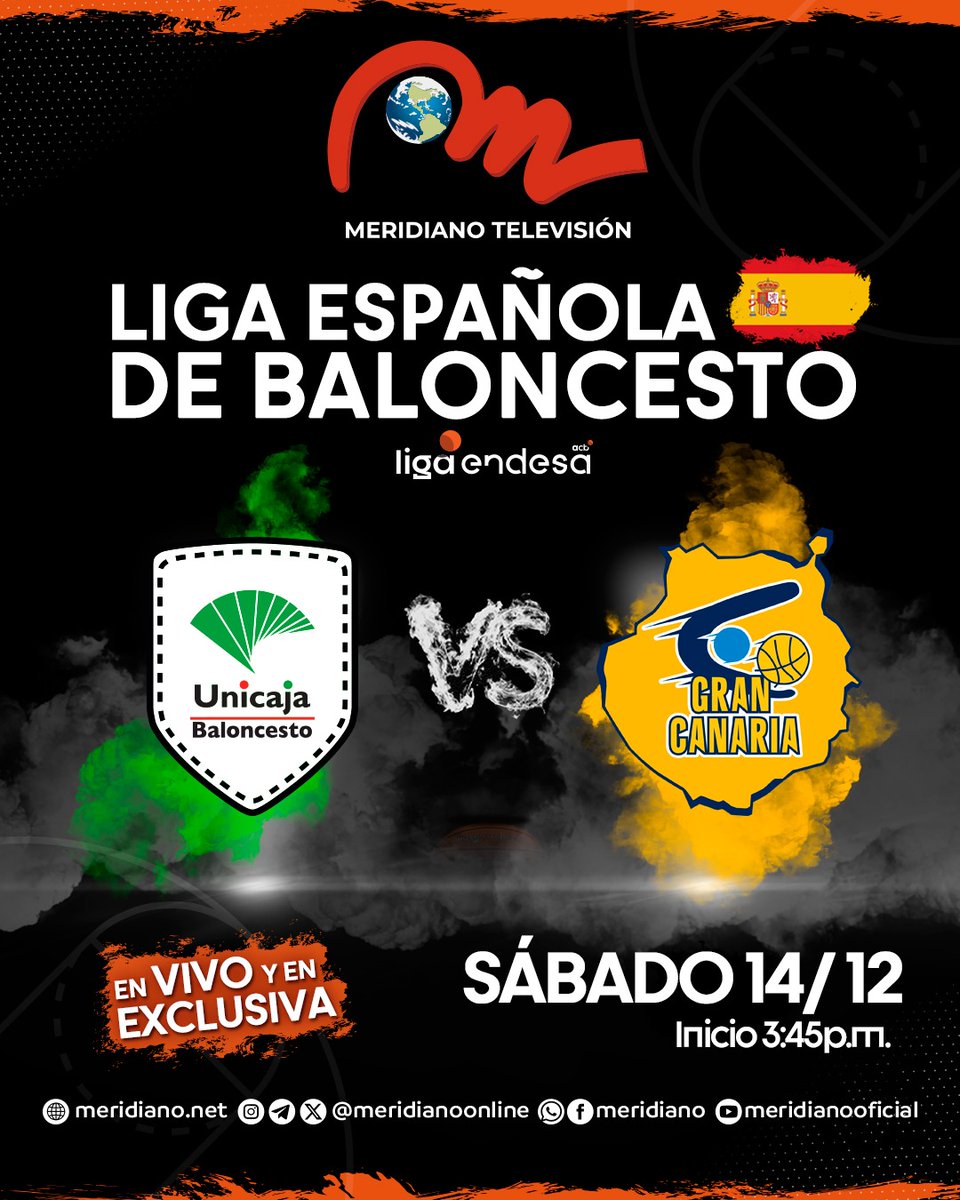 Meridianoonline's tweet photo. Liga Española de Baloncesto x Meridiano Televisión🏀

Viernes 13/12
Valencia Basket vs La Laguna de Tenerife 3:00p.m. inicio

Sábado 14/12
Unicaja vs Dreamland Gran Canaria  3:45p.m. inicio

Domingo 15/12
Real Madrid vs Rio Breogan 7:30p.m. Inicio

Casademont Zaragoza vs Barcelona 1:30p.m. Inicio

#BALONCESTOESPAÑOLxMTV
También vía streaming https://t.co/RPkYDIO0ds