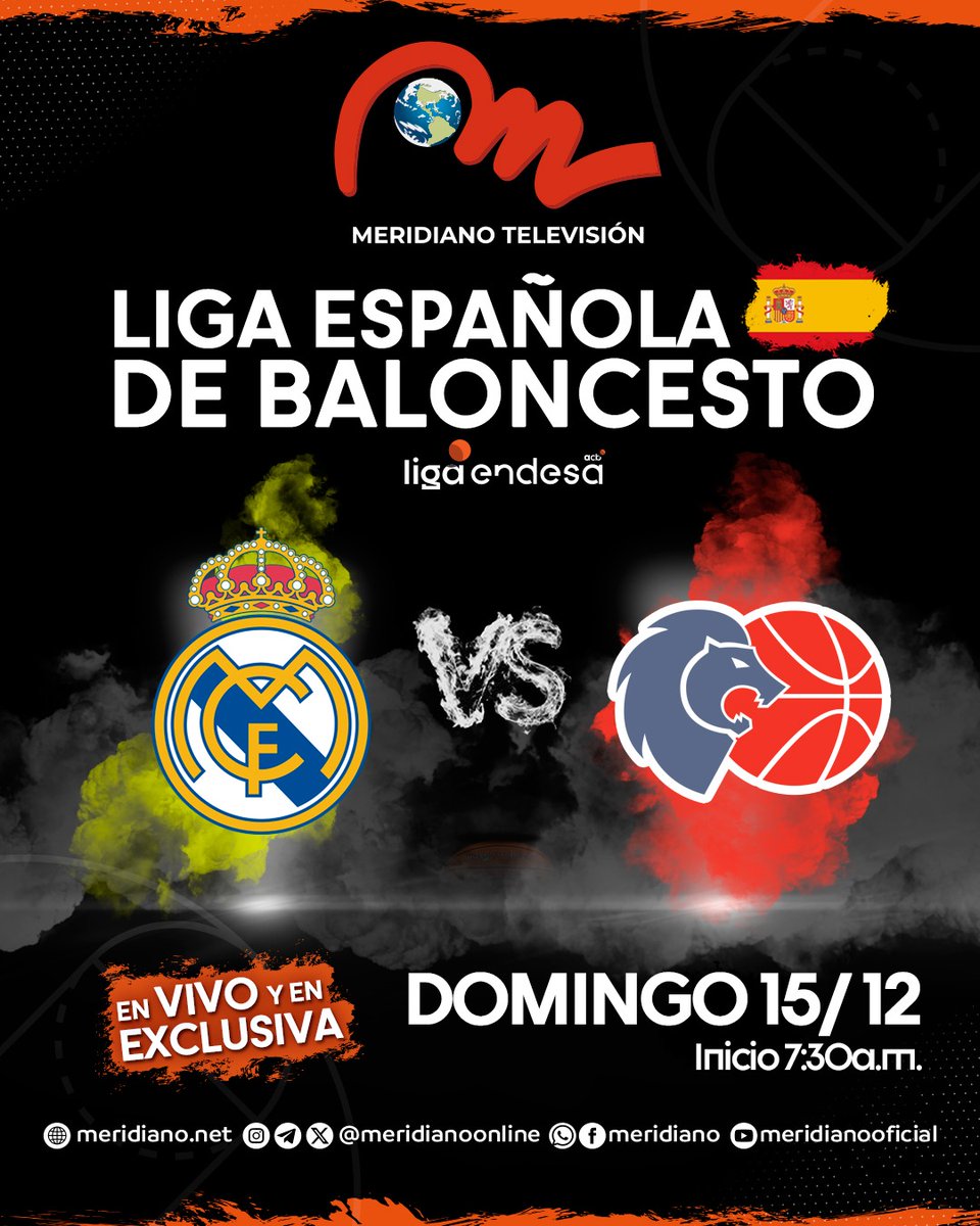 Meridianoonline's tweet photo. Liga Española de Baloncesto x Meridiano Televisión🏀

Viernes 13/12
Valencia Basket vs La Laguna de Tenerife 3:00p.m. inicio

Sábado 14/12
Unicaja vs Dreamland Gran Canaria  3:45p.m. inicio

Domingo 15/12
Real Madrid vs Rio Breogan 7:30p.m. Inicio

Casademont Zaragoza vs Barcelona 1:30p.m. Inicio

#BALONCESTOESPAÑOLxMTV
También vía streaming https://t.co/RPkYDIO0ds