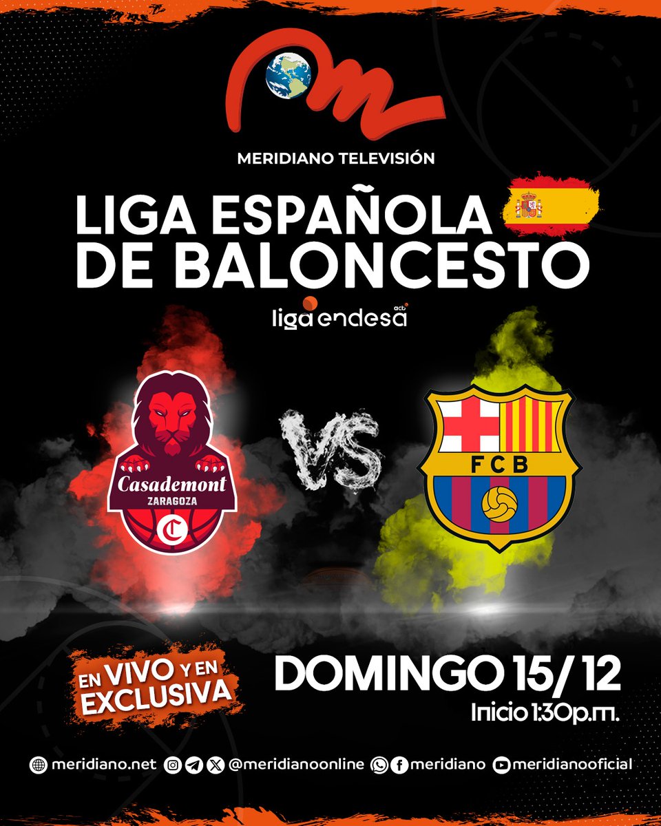 Liga Española de Baloncesto x Meridiano Televisión🏀

Viernes 13/12
Valencia Basket vs La Laguna de Tenerife 3:00p.m. inicio

Sábado 14/12
Unicaja vs Dreamland Gran Canaria  3:45p.m. inicio

Domingo 15/12
Real Madrid vs Rio Breogan 7:30p.m. Inicio

Casademont Zaragoza vs